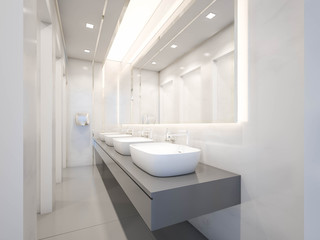 Naklejka na ściany i meble Interior of public toilet with ceramic basin , 3d rendering