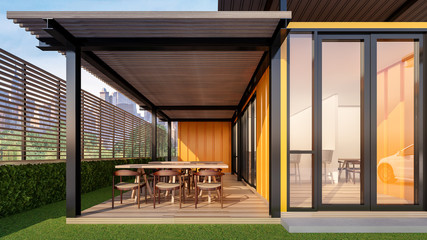 Lofts Restaurant Bistro & Bar made from shipping containers , 3d rendering