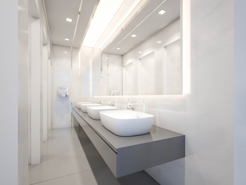 Interior of public toilet with ceramic basin , 3d rendering