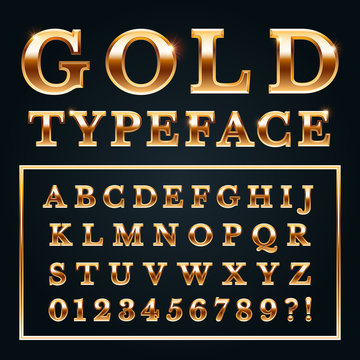 Golden Letters With Gold Shine Metal Gradients. Shiny Alphabet And Numbers Serif Font For Luxury Lettering Vector Illustration