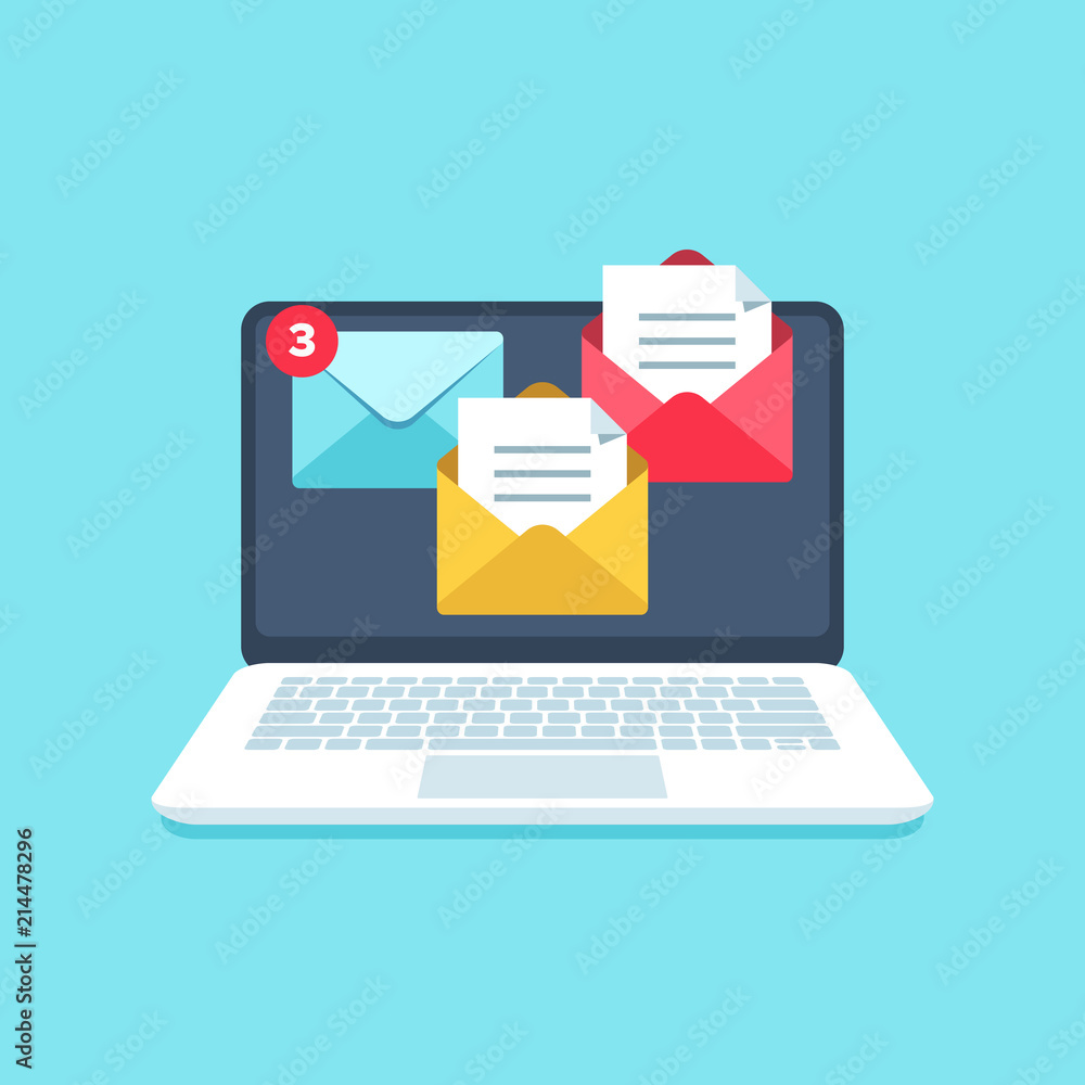 Poster flat email messages inbox notification. laptop computer screen with business mail letters alerts vec