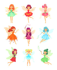 Cartoon fairies characters. Fairy creatures with wings and magic wands. Fabulous flying elf dress girls with flower skirt vector set