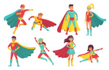 Cartoon superhero characters. Female and male flying superheroes with superpowers. Brave superman and superwoman isolated vector set - obrazy, fototapety, plakaty