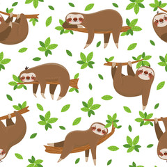Cartoon sloth seamless pattern. Cute sloths on tropical lianas branches. Lazy jungle animal at rainforest trees vector background © Tartila