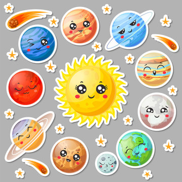Cartoon cute planets stickers. Happy planet face, smiling earth and sun. Astronomy solar system sticker vector collection