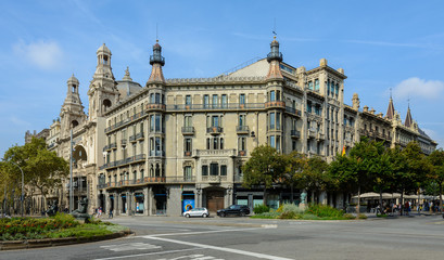 Fototapeta na wymiar Historic building in Barcelona on the Gran Via de les Corts Catalanes, 601. Spain