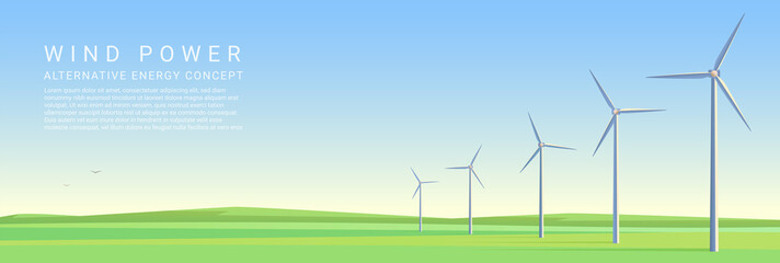 Wind power energy turbines on a green meadow vector concept header poster. © lembergvector