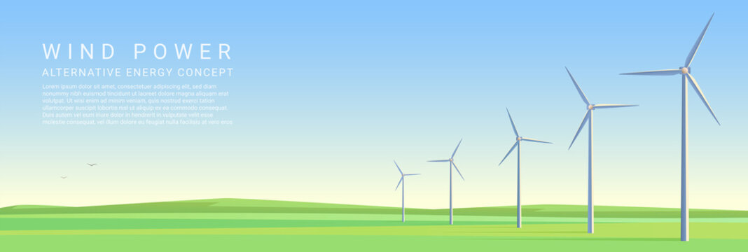 Wind power energy turbines on a green meadow vector concept header poster.