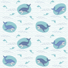 Oceanic background, Whales and sharks on a wavy background