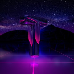 Letter T uppercase. 3D render font on retro background futuristic landscape 1980s style.