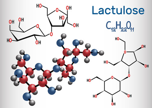 Lactulose molecule. It is used in the treatment of constipation. Structural chemical formula and molecule model