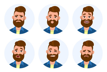 Set of male facial emotions. Different male emotions set. Man emoji character with different expressions.