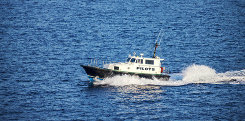 5575785 Pilot boat in the water area of the port of Nassau, Bahamas.