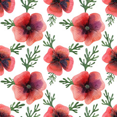 Watercolor seamless pattern poppy flowers and leaves