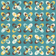 Midcentury geometric retro background. Vintage brown, mustard yellow and teal colors. Seamless floral mod pattern, vector illustration. Abstract retro midcentury 60s 70s background. Retro wallpaper.