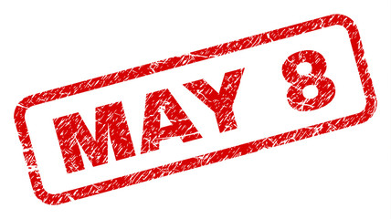 MAY 8 stamp seal print with grunge style. Red vector rubber print of MAY 8 title with grunge texture. Text title is placed inside rounded rectangle frame.