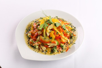 Vegetable salad with cheese and roast chicken
