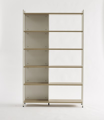 Empty white wood and steel bookshelf isolated on white. minimalism design furniture