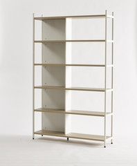 Empty white wood and steel bookshelf isolated on white. minimalism design furniture