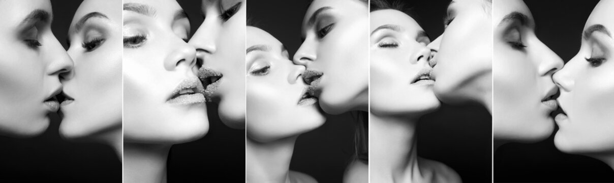 Kiss collage. two wet hair girls are kissing