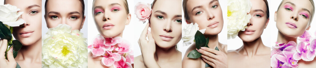 Beauty collage. Woman with Make-up and Flowers