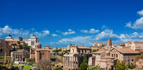 Fototapeta na wymiar Rome, the Eternal City. Panoramic view of historic center old skyline, seen from Palatine Hill (with copy space above)