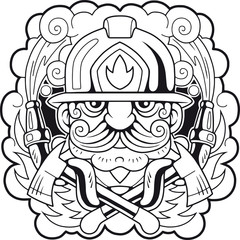 funny mustachioed firefighter, logo, design, cute illustration