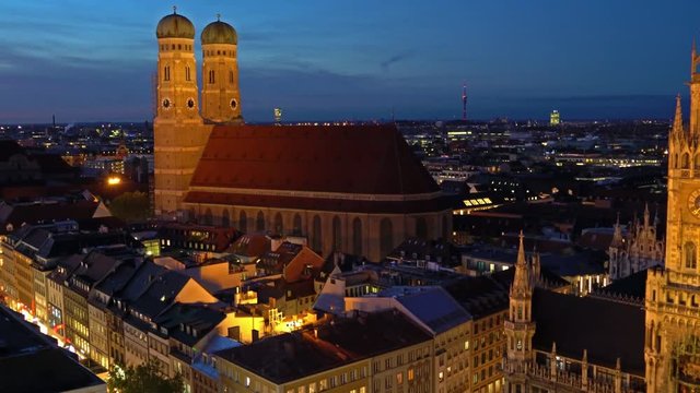 Aerial view of Cathedral of Our Dear Lady or Frauenkirche at night, Munich city, Bavaria, Germany