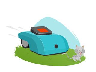 automatic lawnmower attacking cute kitten