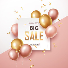 Sale banner with black and gold floating balloons. Vector illustration.