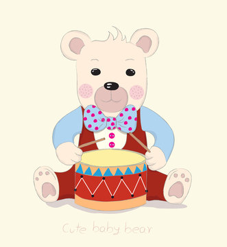 Hand drawn style, Cute little bear cartoon drum.