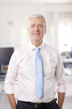 Executive senior manager portrait. A senior businessman standing at the office while looking at camera and smiling. 