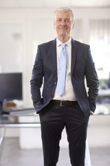 Executive senior manager portrait. A senior businessman standing at the office while looking at camera and smiling. 
