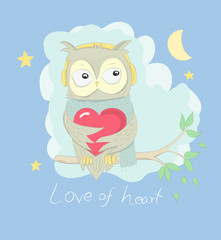 Cute owl cartoon hug red heart on the tree at night. Hand drawn style