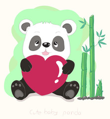 Cute little panda cartoon hug red heart and bamboo. Hand drawn style