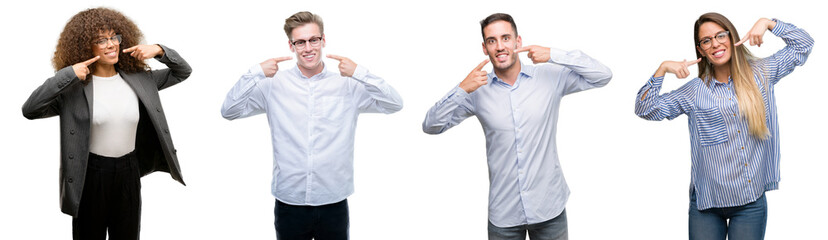 Team of business men and women smiling confident showing and pointing with fingers teeth and mouth. Health concept.