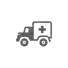 Military ambulance icon in grunge texture. Vintage style vector illustration.