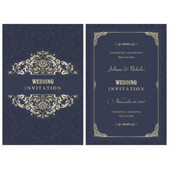 Wedding invitation cards  baroque style blue and gold. Vintage  Pattern. Retro Victorian ornament. Frame with flowers elements. Vector illustration.