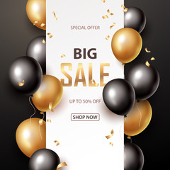 Sale banner with black and gold floating balloons. Vector illustration.