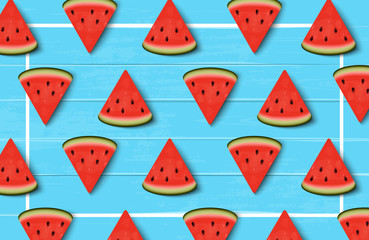 Watermelon slices on blue wooden background with a border. Watermelon background. Vector