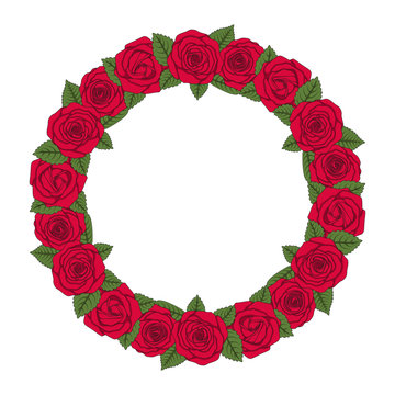 Colored illustration of a round wreath of red roses. Isolated vector object on white background.