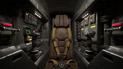 Science fiction pilot's seat in the cockpit. Futuristic spaceship cockpit. Old brown leather pilot seat with yellow safety belts. Sci-fi space fighter craft cockpit. Mech Pilot's seat. 3d rendering. © roman3d