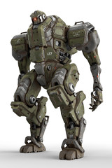 Sci-fi mech soldier standing on a white background. Military futuristic robot with a green and gray color metal. Mech controlled by a pilot. Scratched metal armor robot. Mech Battle. 3D rendering.