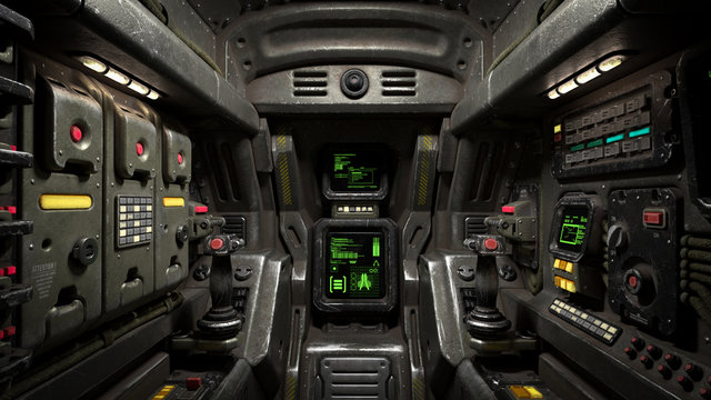 Inside view of the sci-fi cabin of the pilot. Front detailed view of the control sticks and futuristic display panel. Sci-fi space fighter craft cockpit. Scratched metal control panel. 3d rendering.