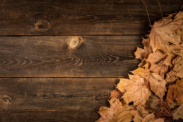 fallen dry leaves on wooden plank background