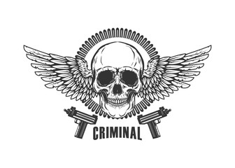 Winged skull with handguns. Design element for logo, label, emblem, sign, t shirt.