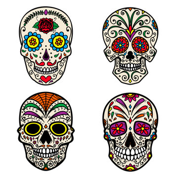 Set of colorful sugar skull isolated on white background. Day of the dead. Dia de los muertos. Design element for poster, card, banner, print.