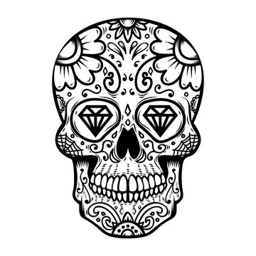 Sugar skull isolated on white background. Day of the dead. Dia de los muertos. Design element for poster, card, banner, print.