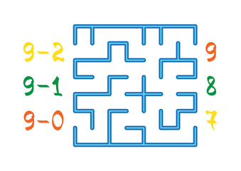 Labyrinth with color numbers for children on the white background. Find the path to the correct answer. Vector flat illustration