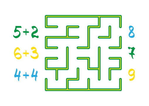 Maze with color numbers for children on the white background. Find the path to the correct answer. Vector flat illustration